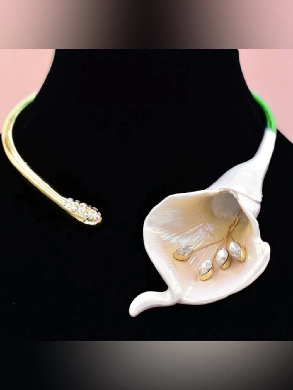 Betsey Johnson Gold-Tone Crystal Floral Calla Necklace - White and Gold & Green